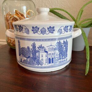 Vintage Blue & White Transferware Crock with Lid Cottagecore Colonial Farmhouse